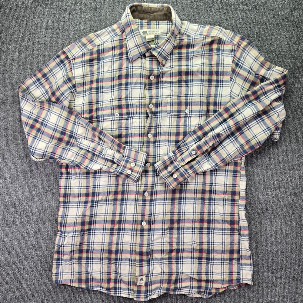Onward Reserve Shirt Mens Medium Plaid Flannel Button Down Long Sleeve FLAW READ